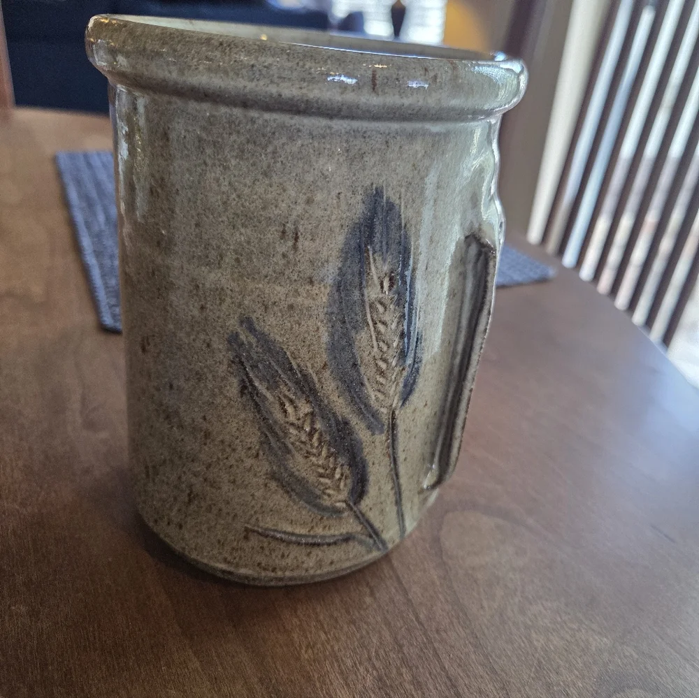 Pottery Crock Marked 'Spoons' Tan/Gray Glaze With Blue Wheat Sheafs